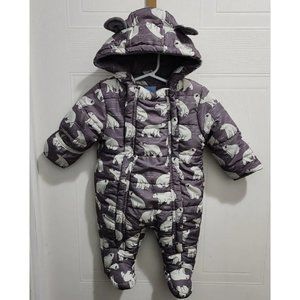 Wippette Baby Fleece Lined Snowsuit Gray White Polar Bear Hooded Zip Up Sz 3-6 M